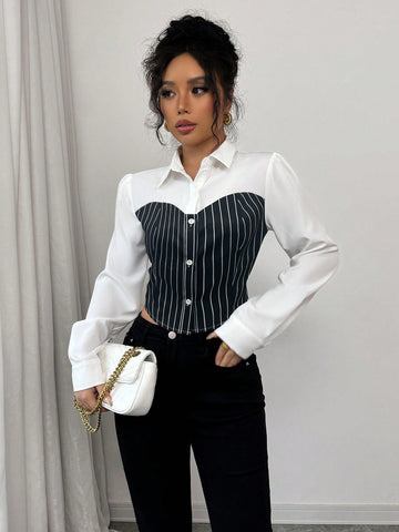 Elenzga Elegant Striped Patchwork Long Sleeve Women's Shirt