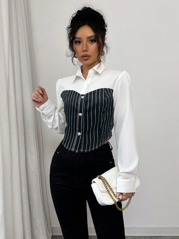 Elenzga Elegant Striped Patchwork Long Sleeve Women's Shirt