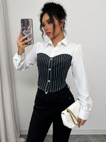 Elenzga Elegant Striped Patchwork Long Sleeve Women's Shirt