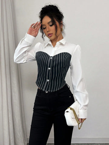Elenzga Elegant Striped Patchwork Long Sleeve Women's Shirt