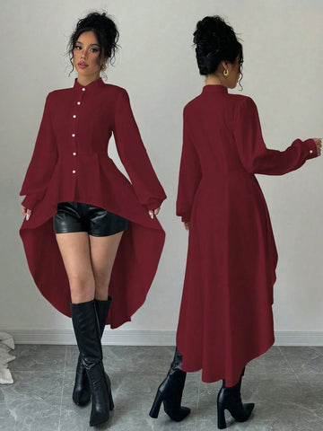 Elenzga Front Short Back Long Stand Collar Open Front A-Line Ruffle Puff Sleeve Long Shirt