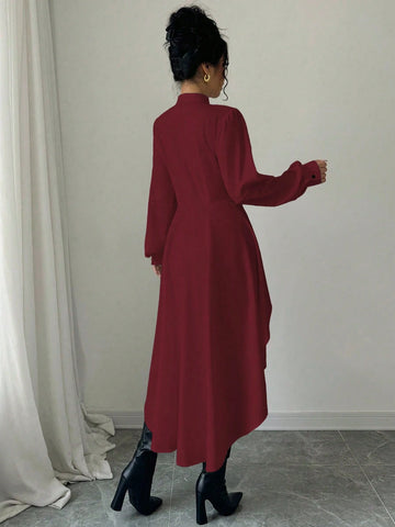 Elenzga Front Short Back Long Stand Collar Open Front A-Line Ruffle Puff Sleeve Long Shirt