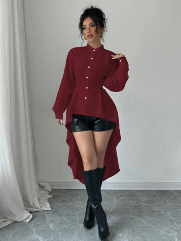 Elenzga Front Short Back Long Stand Collar Open Front A-Line Ruffle Puff Sleeve Long Shirt