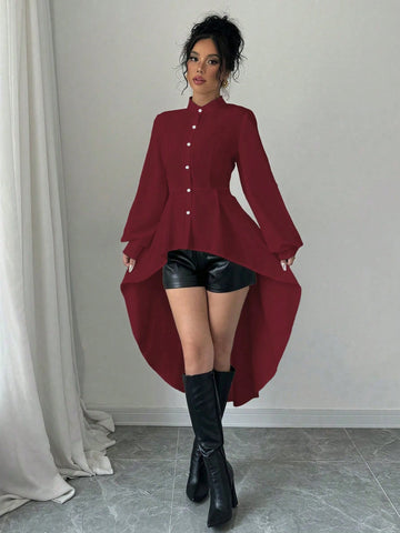 Elenzga Front Short Back Long Stand Collar Open Front A-Line Ruffle Puff Sleeve Long Shirt