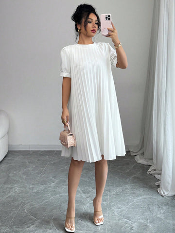 Elenzga Ladies Casual Romantic Loose Solid Color Ruffle Short Sleeve Dress, Versatile Fashion, Spring/Summer