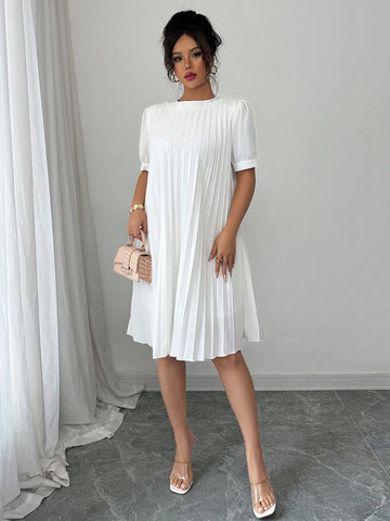 Elenzga Ladies Casual Romantic Loose Solid Color Ruffle Short Sleeve Dress, Versatile Fashion, Spring/Summer