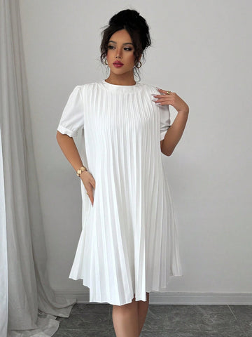 Elenzga Ladies Casual Romantic Loose Solid Color Ruffle Short Sleeve Dress, Versatile Fashion, Spring/Summer