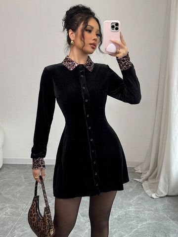 Elenzga Leopard Velvet Black Elegant Romantic Minimalist Loose Fit Dress For Women