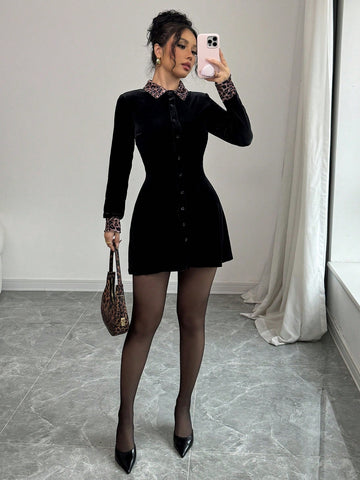 Elenzga Leopard Velvet Black Elegant Romantic Minimalist Loose Fit Dress For Women