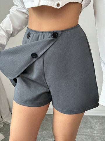 Elenzga Linen Textured Solid Color Simple Elegant Double-Breasted Women'S Culotte
