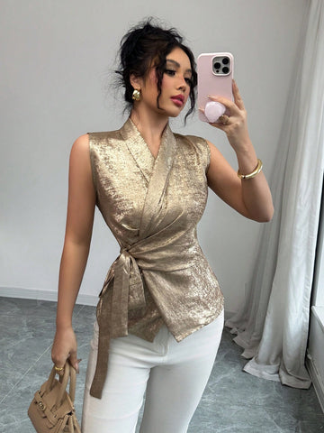 Elenzga Metallic Gold French Design High-End Blouse, Summer Lightweight Elegant Adjustable Waist Shirt For Women
