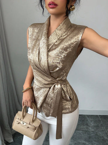 Elenzga Metallic Gold French Design High-End Blouse, Summer Lightweight Elegant Adjustable Waist Shirt For Women