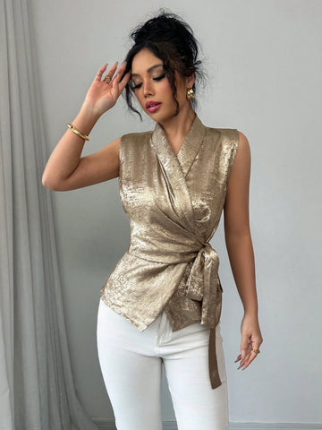 Elenzga Metallic Gold French Design High-End Blouse, Summer Lightweight Elegant Adjustable Waist Shirt For Women