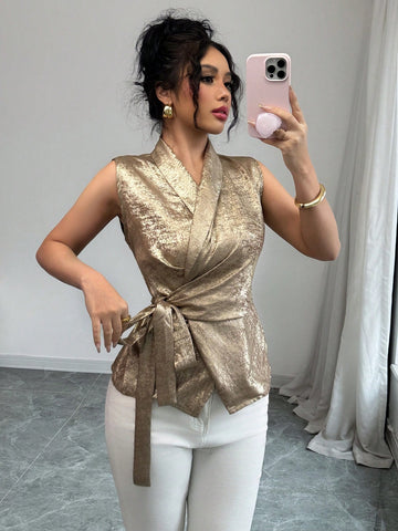 Elenzga Metallic Gold French Design High-End Blouse, Summer Lightweight Elegant Adjustable Waist Shirt For Women