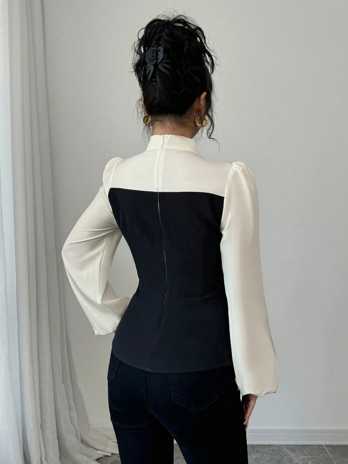 Monochrome Color Block Stand Collar Slim Fit Blouse For Women