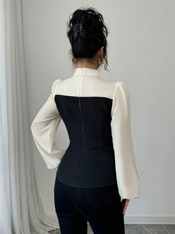 Monochrome Color Block Stand Collar Slim Fit Blouse For Women