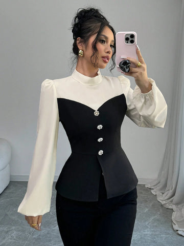 Monochrome Color Block Stand Collar Slim Fit Blouse For Women
