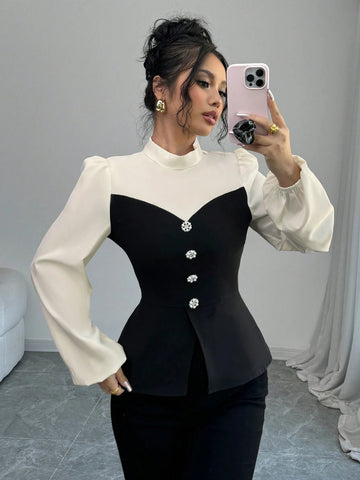Monochrome Color Block Stand Collar Slim Fit Blouse For Women