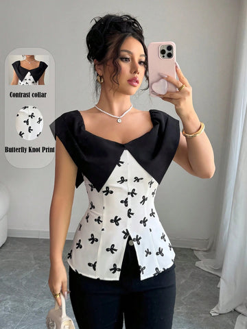 Elenzga Off Shoulder Patchwork Bow Decor Fashionable Blouse