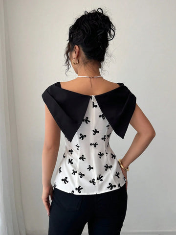 Elenzga Off Shoulder Patchwork Bow Decor Fashionable Blouse