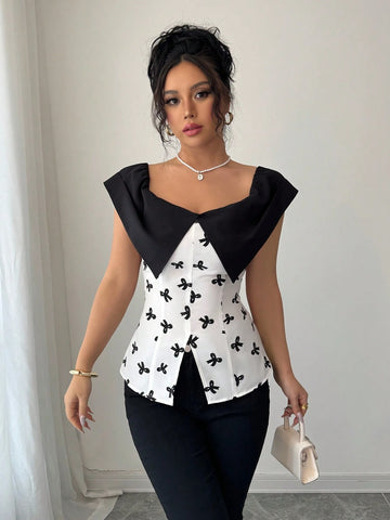 Elenzga Off Shoulder Patchwork Bow Decor Fashionable Blouse