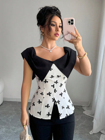 Elenzga Off Shoulder Patchwork Bow Decor Fashionable Blouse