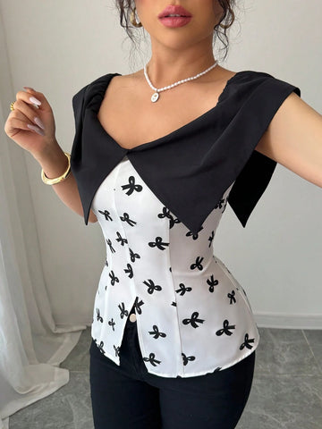 Elenzga Off Shoulder Patchwork Bow Decor Fashionable Blouse