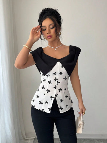 Elenzga Off Shoulder Patchwork Bow Decor Fashionable Blouse