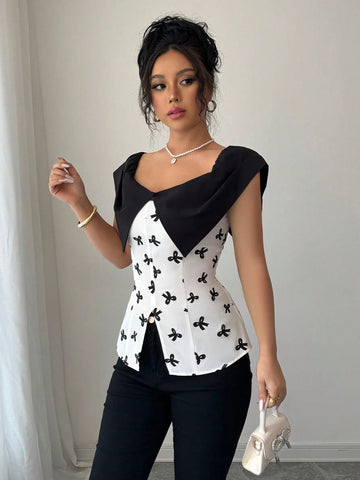 Elenzga Off Shoulder Patchwork Bow Decor Fashionable Blouse