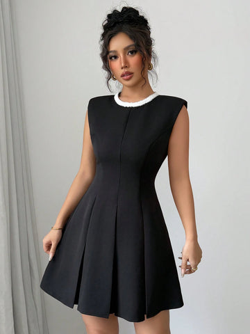 Elenzga Sleeveless Crew Neck Decorative Short Dress For Women