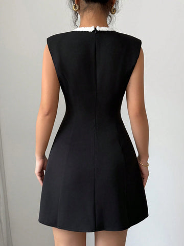 Elenzga Sleeveless Crew Neck Decorative Short Dress For Women