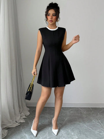 Elenzga Sleeveless Crew Neck Decorative Short Dress For Women