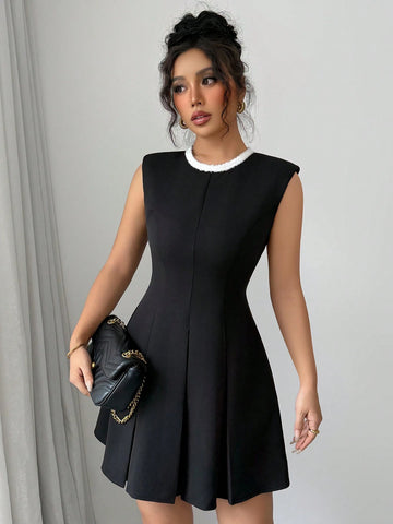 Elenzga Sleeveless Crew Neck Decorative Short Dress For Women