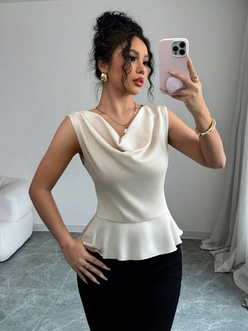 Elenzga Sleeveless Plunging Neck Cinched Waist Zip-Up Women Shirt, Spring/Summer