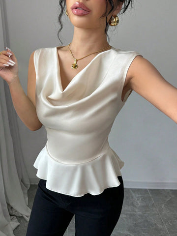 Elenzga Sleeveless Plunging Neck Cinched Waist Zip-Up Women Shirt, Spring/Summer