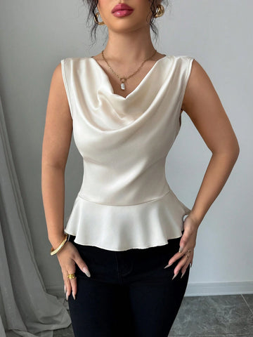 Elenzga Sleeveless Plunging Neck Cinched Waist Zip-Up Women Shirt, Spring/Summer