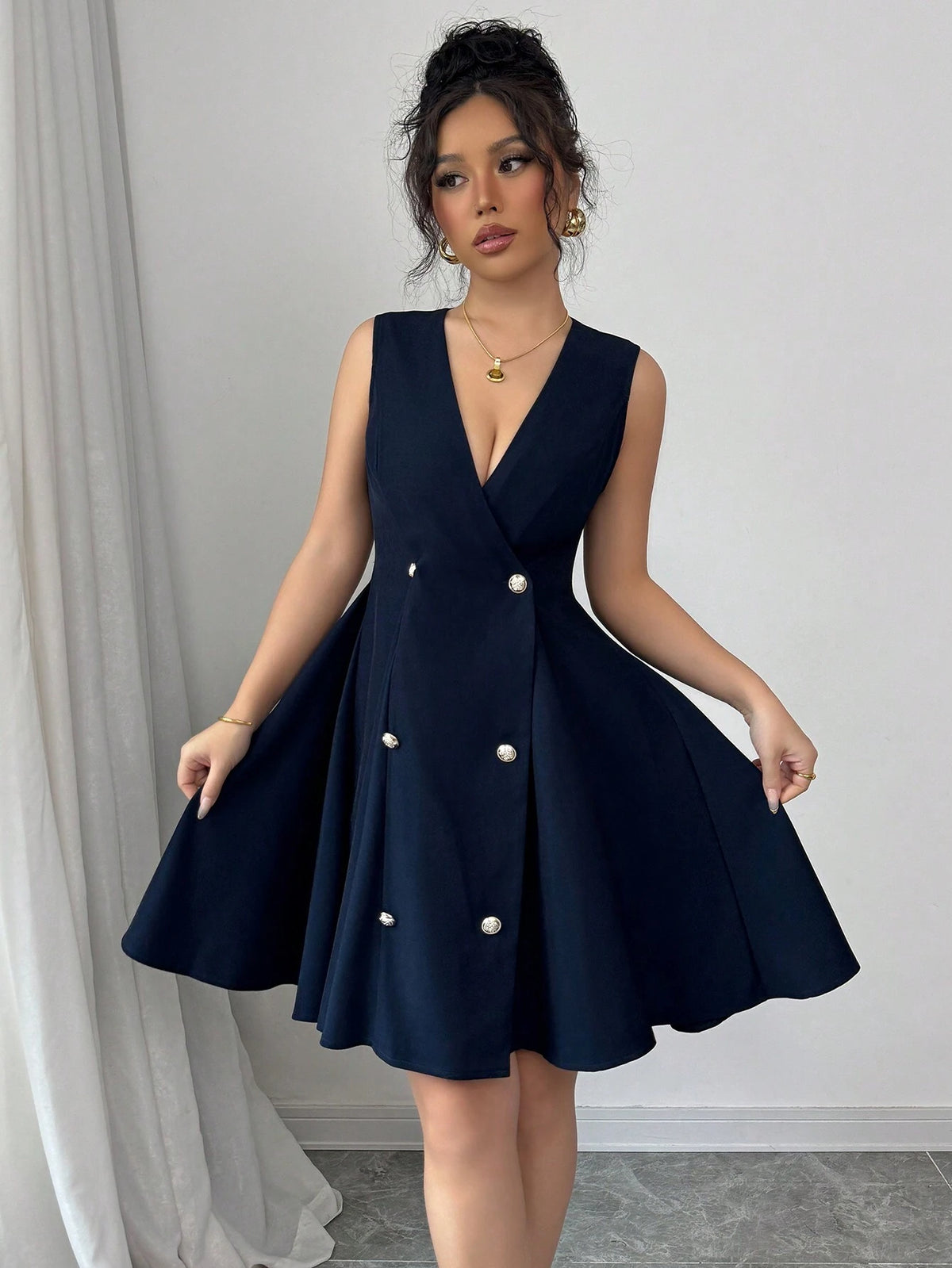 Elenzga Sleeveless V-Neck Open Front Waist Gathered A-Line Elegant Romantic Ladies Dress