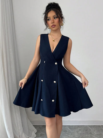 Elenzga Sleeveless V-Neck Open Front Waist Gathered A-Line Elegant Romantic Ladies Dress