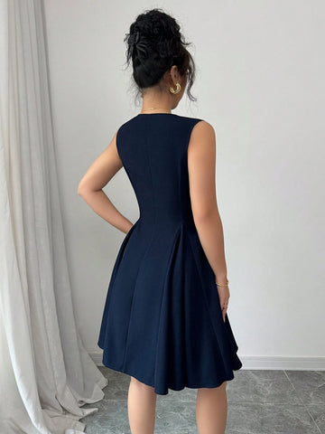 Elenzga Sleeveless V-Neck Open Front Waist Gathered A-Line Elegant Romantic Ladies Dress