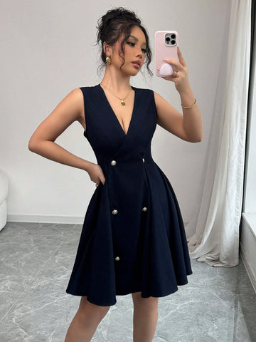 Elenzga Sleeveless V-Neck Open Front Waist Gathered A-Line Elegant Romantic Ladies Dress