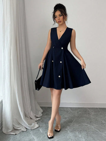 Elenzga Sleeveless V-Neck Open Front Waist Gathered A-Line Elegant Romantic Ladies Dress