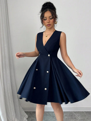 Elenzga Sleeveless V-Neck Open Front Waist Gathered A-Line Elegant Romantic Ladies Dress