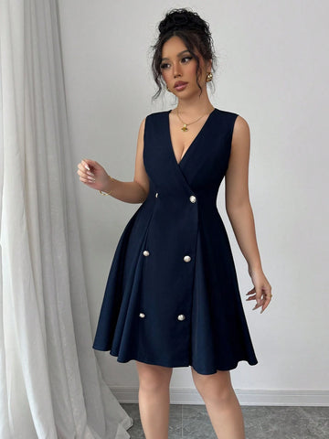 Elenzga Sleeveless V-Neck Open Front Waist Gathered A-Line Elegant Romantic Ladies Dress