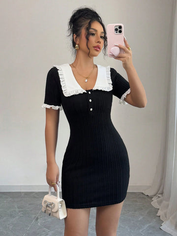 Elenzga Square Neck Color Block Bodycon Short Sleeve Dress, Spring/Summer