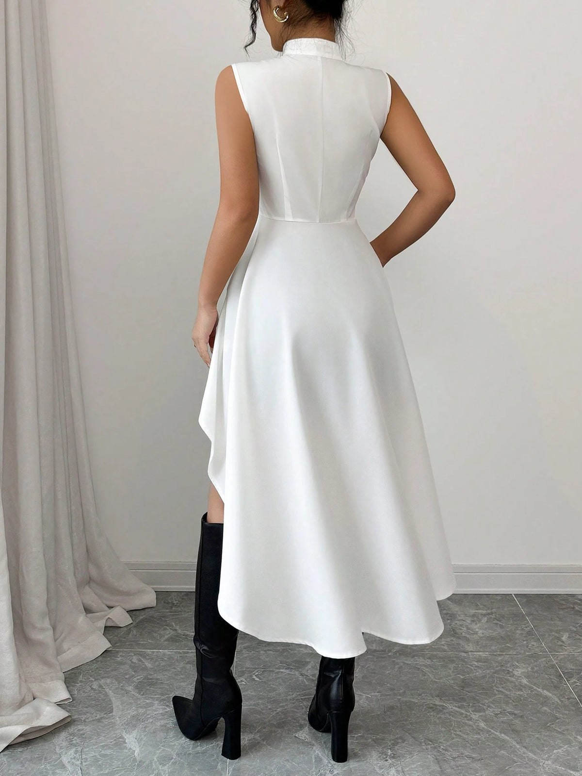 Elenzga Stand Collar Sleeveless Cinched Waist High Low Hem Blouse, Elegant Office Wear For Spring/Summer