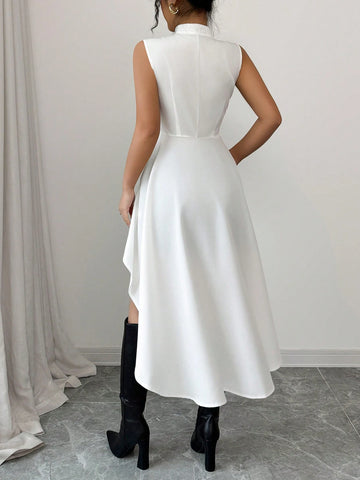 Elenzga Stand Collar Sleeveless Cinched Waist High Low Hem Blouse, Elegant Office Wear For Spring/Summer