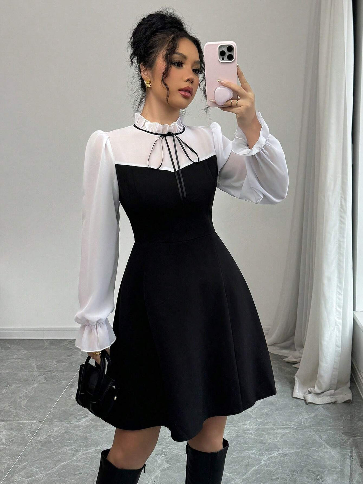 Elenzga Stand Collar Tie-Up Ruffle Hem Long Sleeve Chiffon Bow Decor Waist Cinched Formal Dress For Women