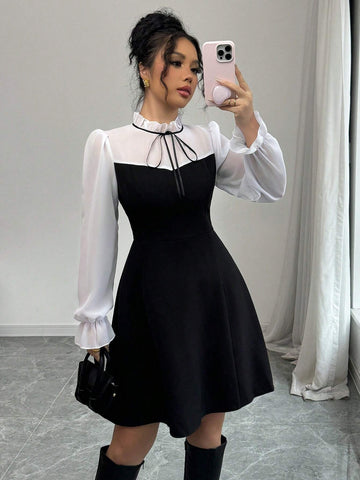 Elenzga Stand Collar Tie-Up Ruffle Hem Long Sleeve Chiffon Bow Decor Waist Cinched Formal Dress For Women