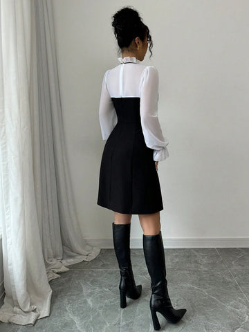 Elenzga Stand Collar Tie-Up Ruffle Hem Long Sleeve Chiffon Bow Decor Waist Cinched Formal Dress For Women