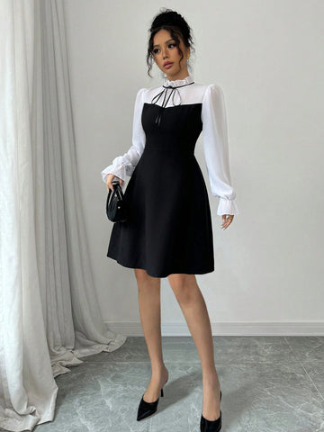 Elenzga Stand Collar Tie-Up Ruffle Hem Long Sleeve Chiffon Bow Decor Waist Cinched Formal Dress For Women